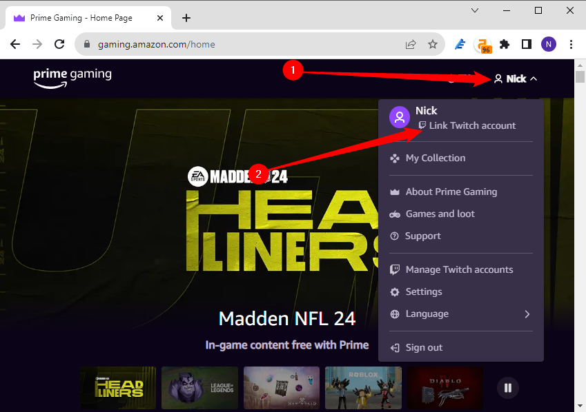 Меню профиля с опцией для привязки аккаунта Twitch