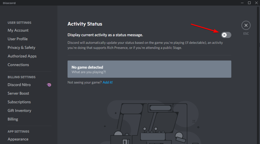 Переключатель Display current activity as a status message в положении выкл
