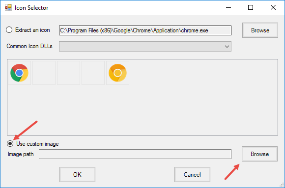 Окно выбора иконки с опцией использования пользовательского изображения