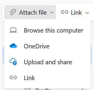 Опции Outlook для вложения файла в письме