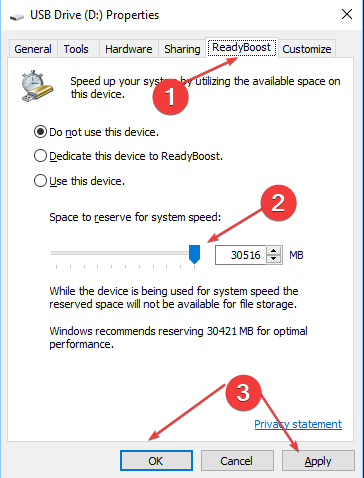 Вкладка ReadyBoost с ползунком 'Место для системы'