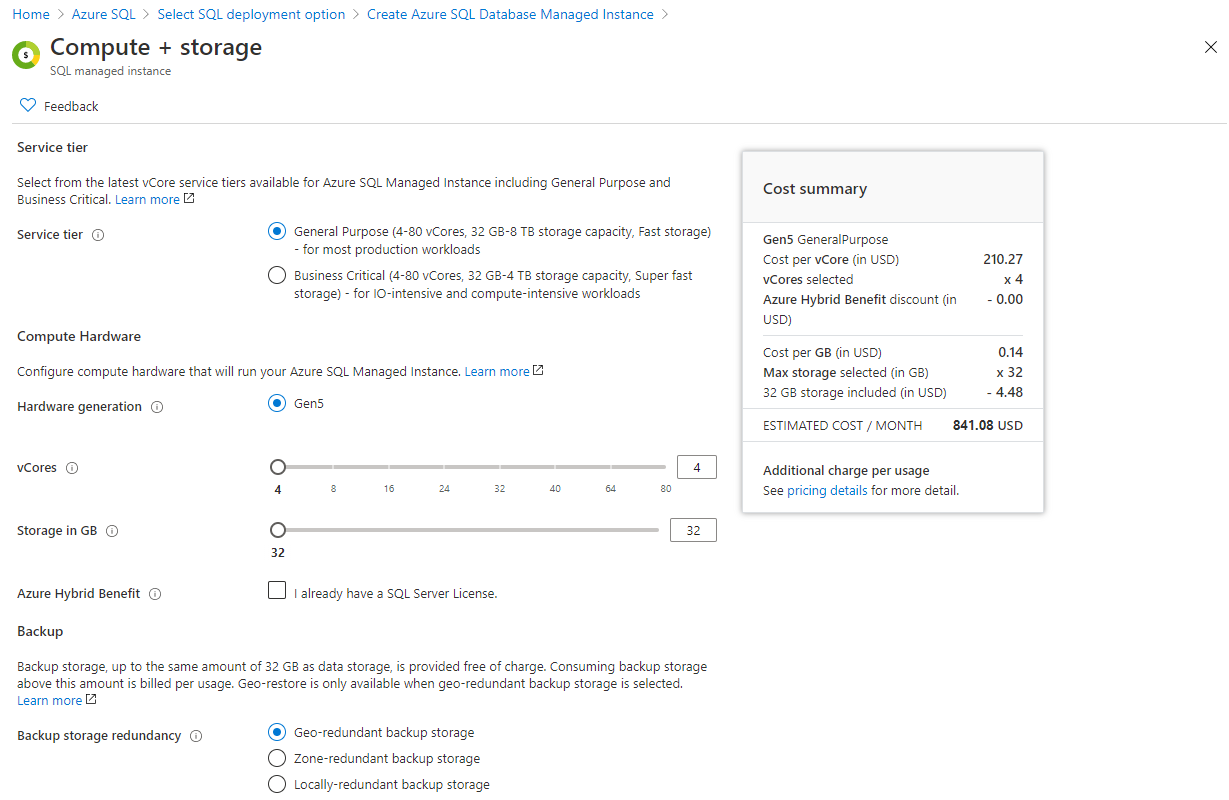 Выбор уровня сервиса и вычислительного профиля.