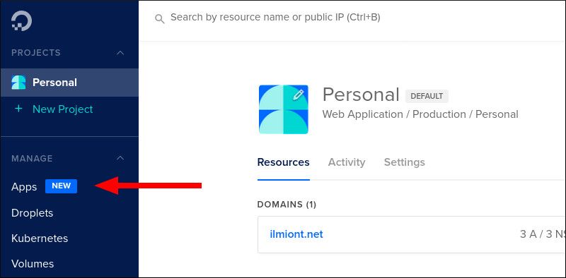 Поясняющий скриншот: где находится App Platform в веб-интерфейсе DigitalOcean