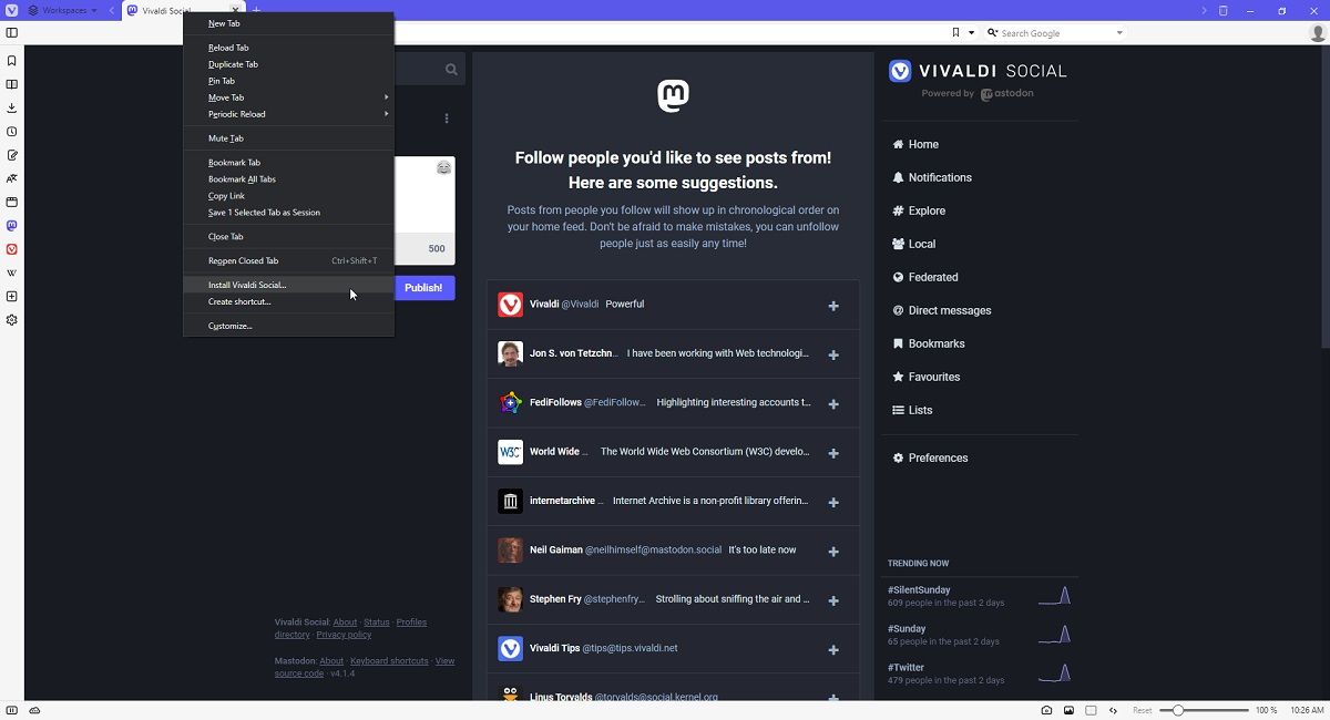 Сохранение вкладки Vivaldi Social как прогрессивного веб-приложения