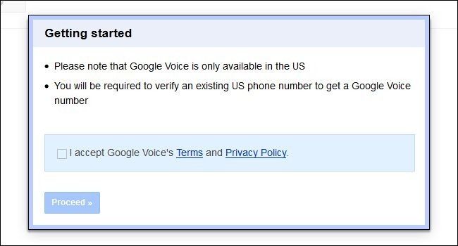 Google Voice — окно подтверждения номера при регистрации