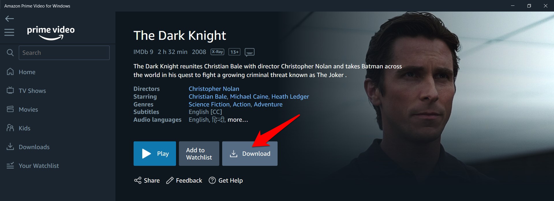 Интерфейс загрузки Prime Video на Windows