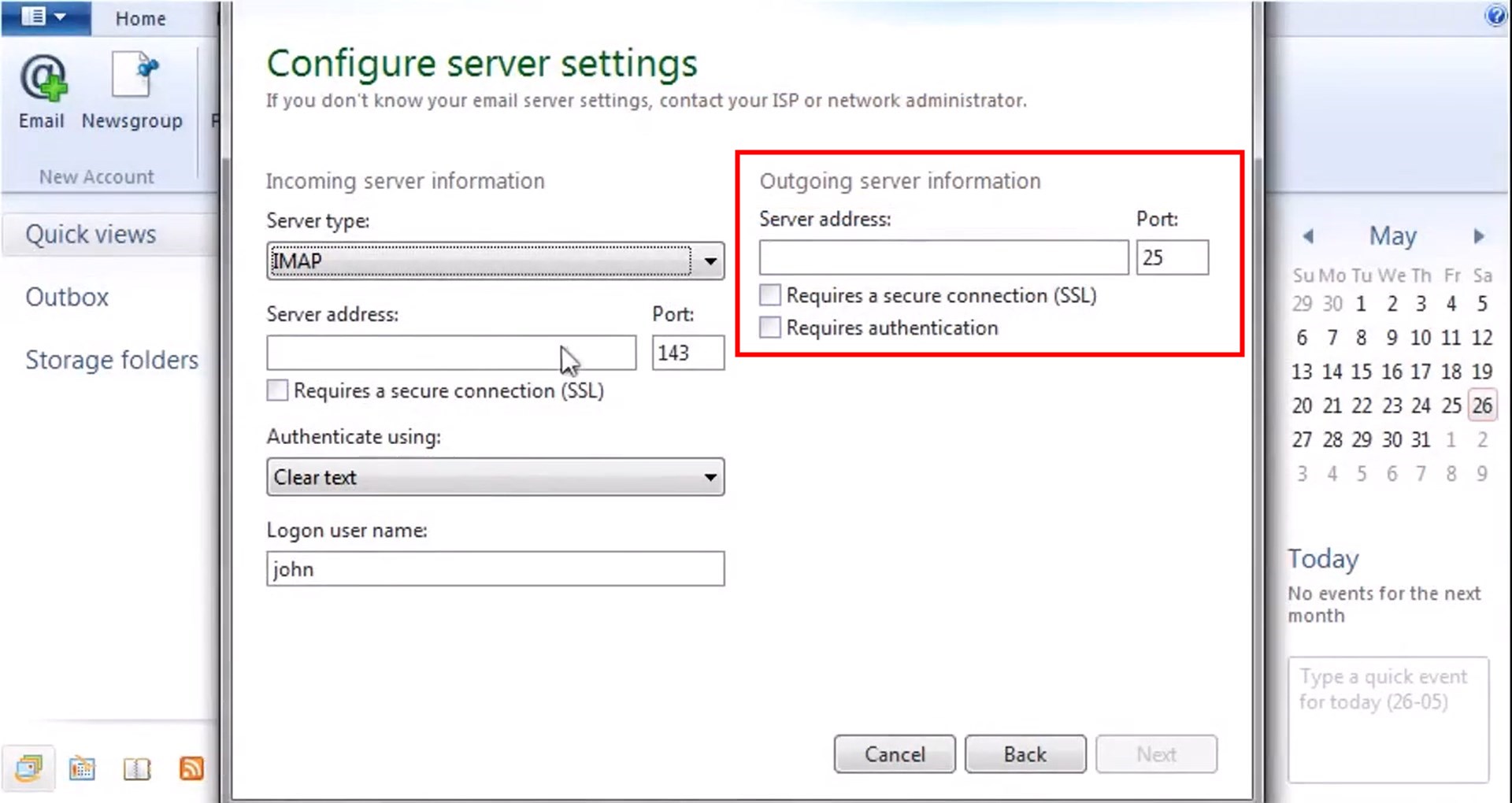 Поля 'Outgoing Server' smtp-mail.outlook.com порт 587