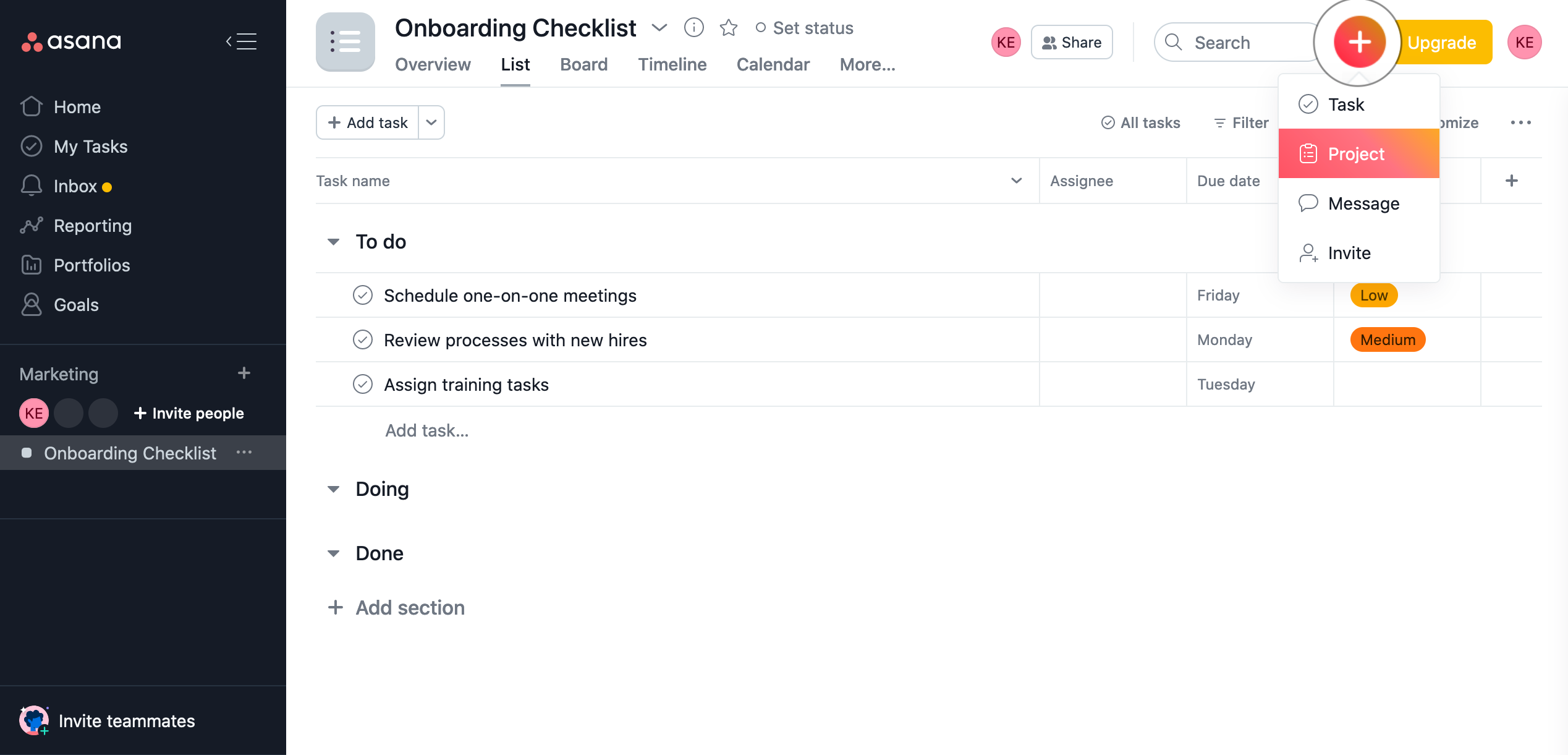 Создание проекта в Asana