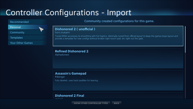 Доступные конфигурации для разных типов контроллеров в Steam