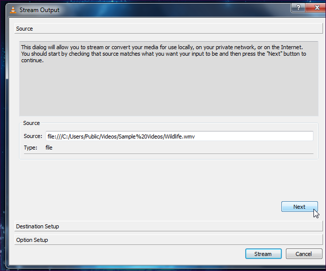 Окно Stream Output — список источников медиа
