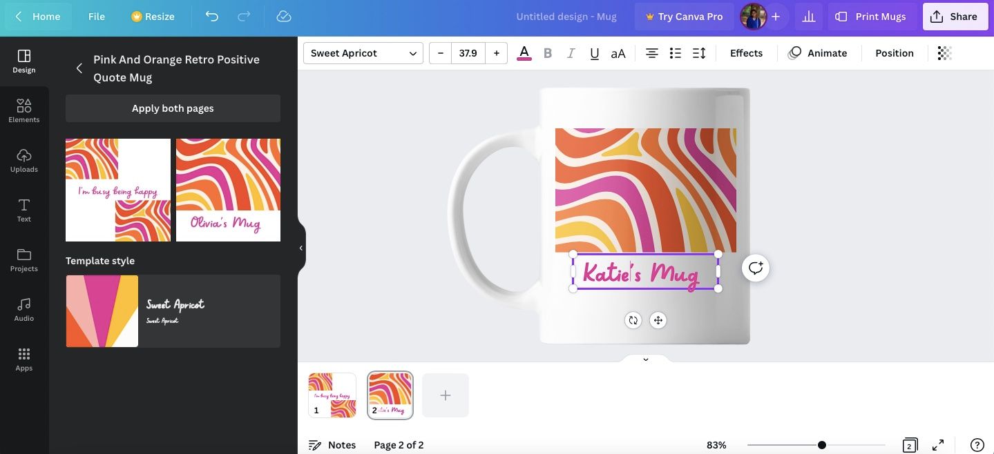 Дизайн задней стороны кружки в рабочей области
