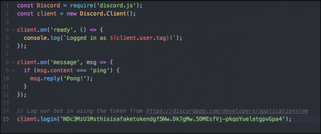 Скриншот простого кода бота в редакторе