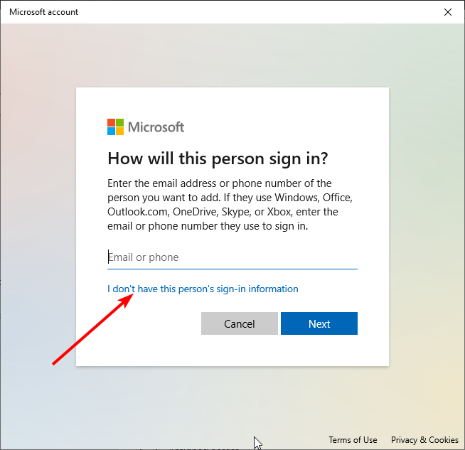 Опция 'У меня нет данных для входа этого человека'