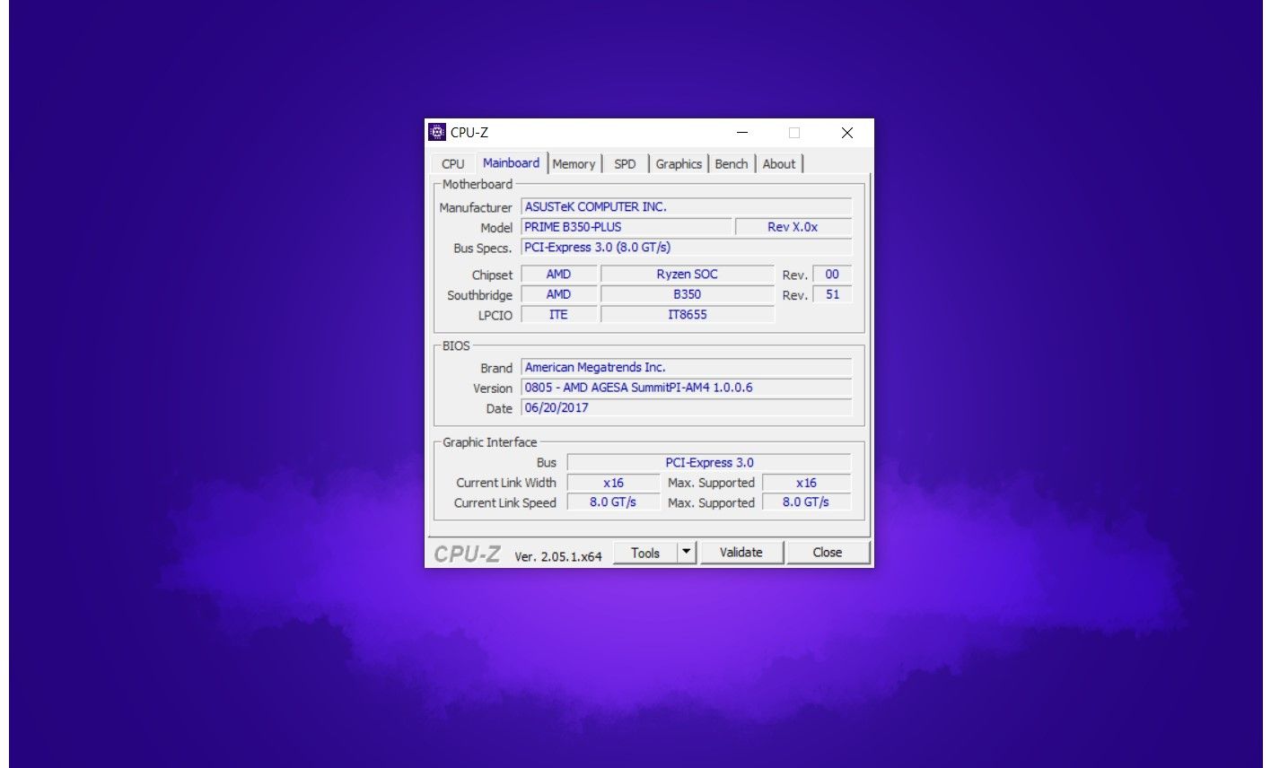 CPU-Z — вкладка Mainboard с данными платы