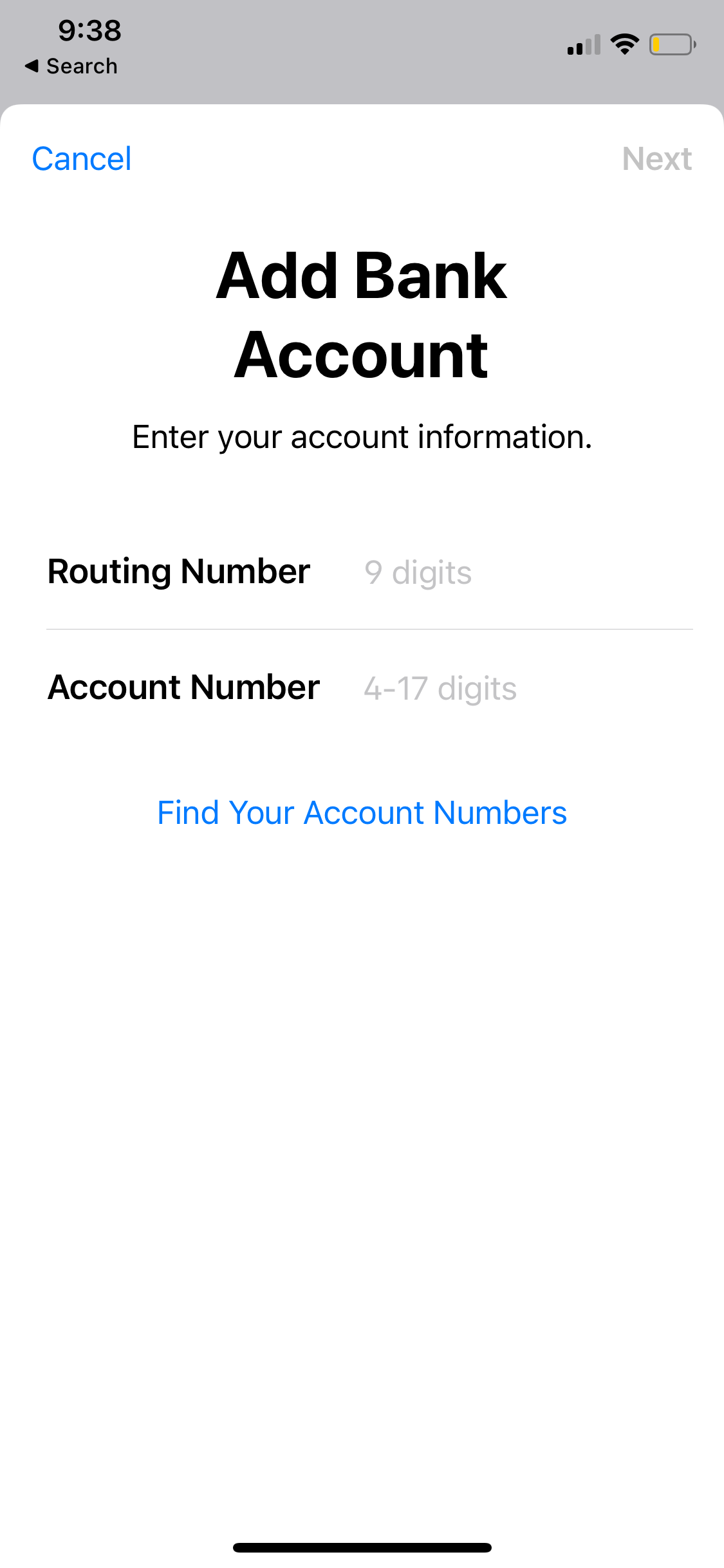 добавление банковского счёта в Wallet