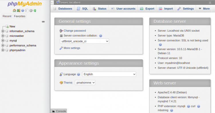 Интерфейс панели phpMyAdmin