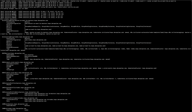 Команда kops create cluster и результат