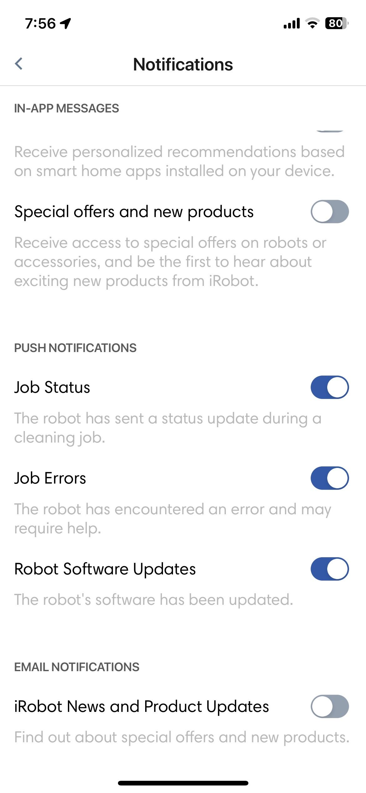 Настройка push‑уведомлений в меню Notifications приложения iRobot Roomba