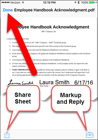 Опции для помеченного PDF: Markup and Reply и поделиться