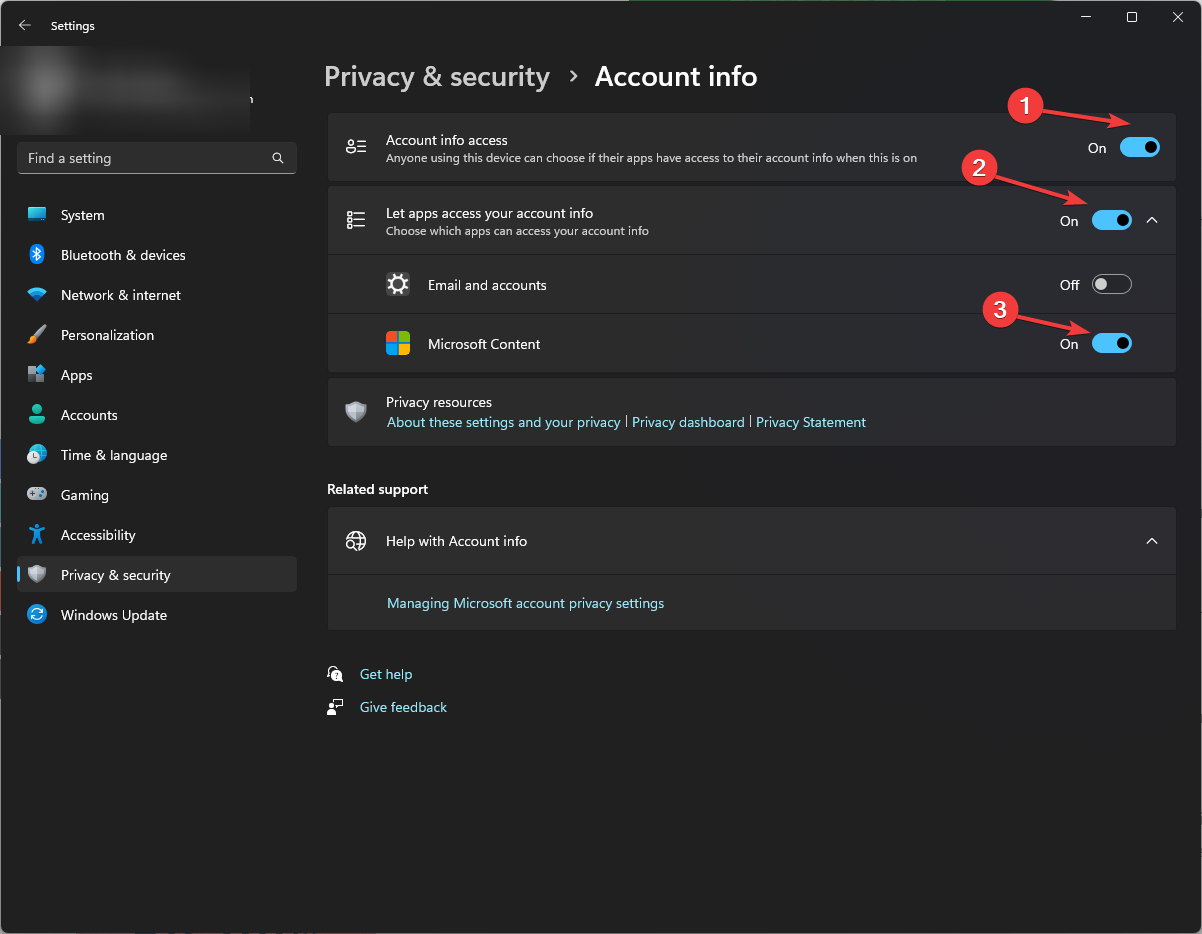 Снимок экрана: включить доступ приложений к информации об учётной записи