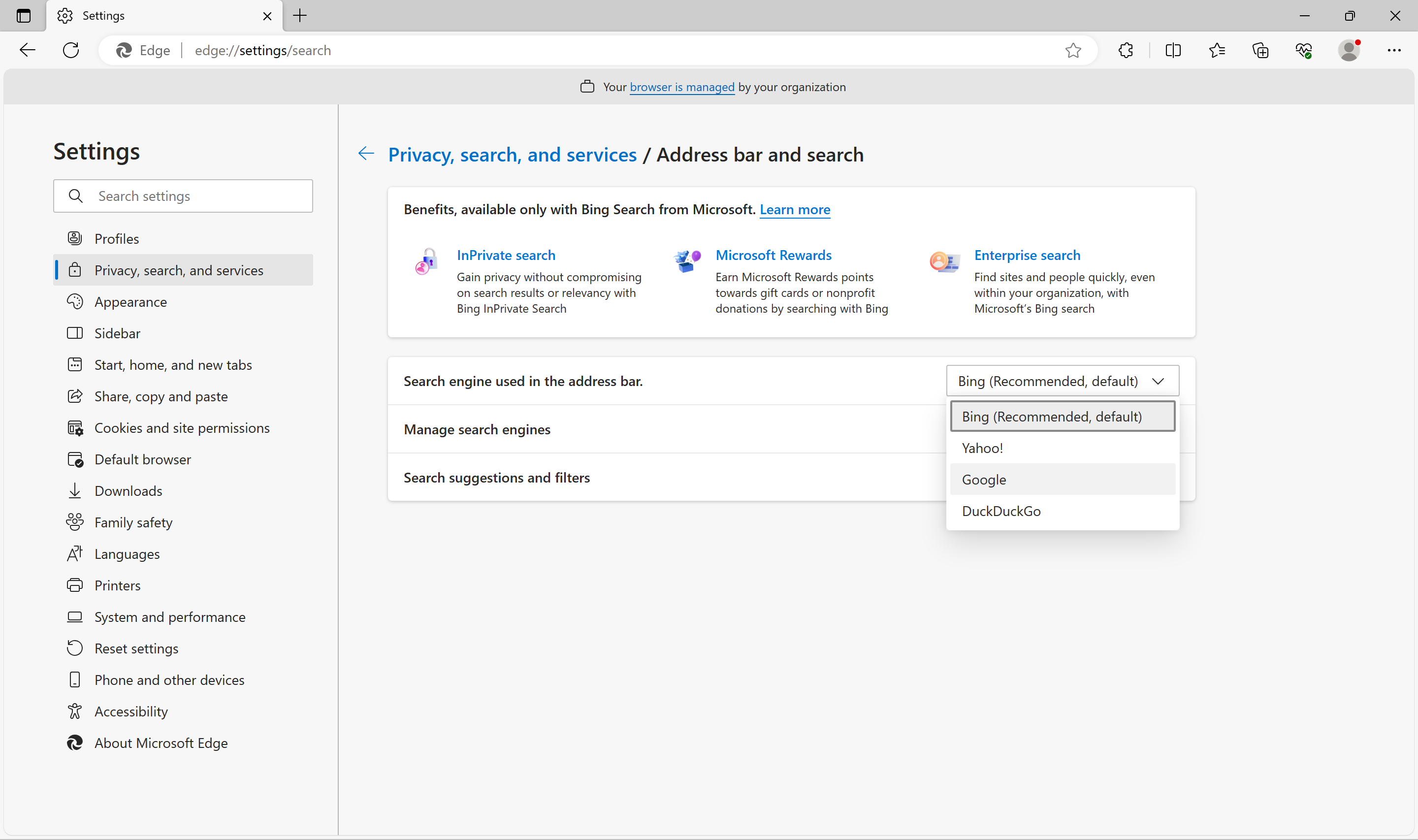 Смена поисковой системы в Microsoft Edge
