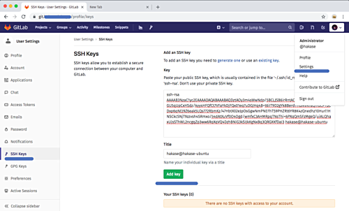 Добавление SSH-ключа через веб-интерфейс GitLab