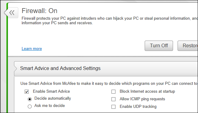Настройки брандмауэра McAfee — включить Smart Advice и Decide automatically