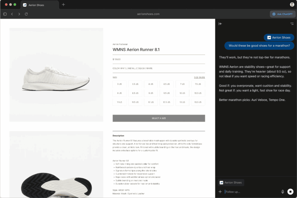 Интерфейс вкладки поиска Atlas с подсказками ChatGPT