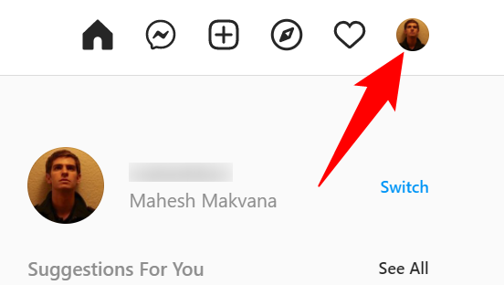 Кликните иконку профиля в правом верхнем углу сайта Instagram.