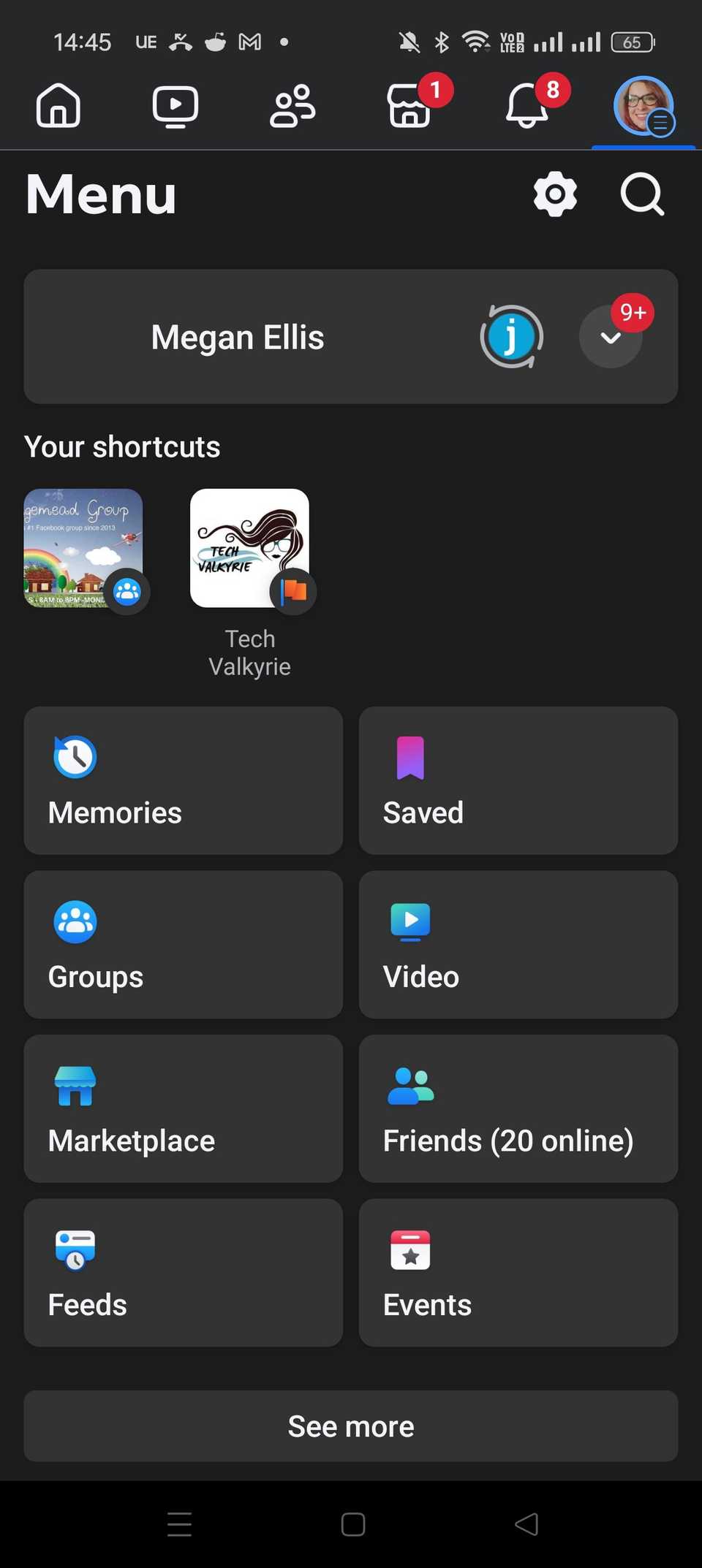 меню Facebook в мобильном приложении