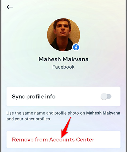 Нажмите «Удалить из Центра аккаунтов» для отвязки.