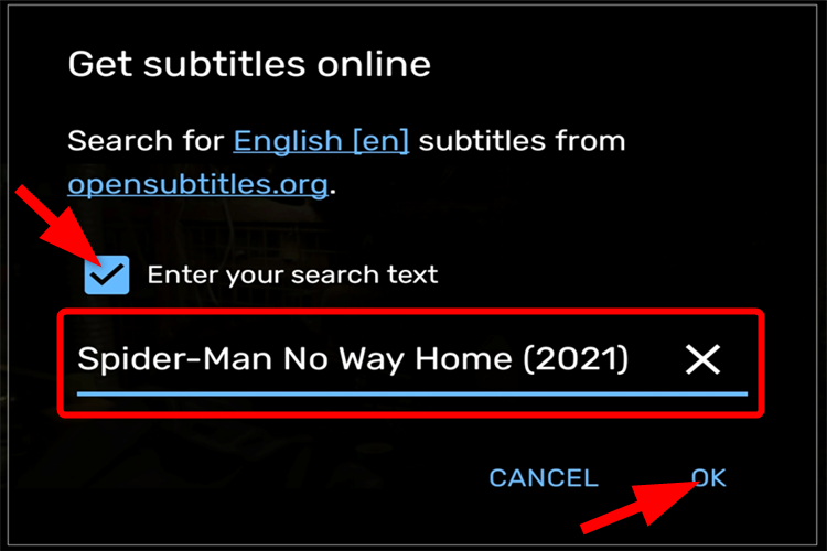 Указание текста для поиска субтитров в MX Player