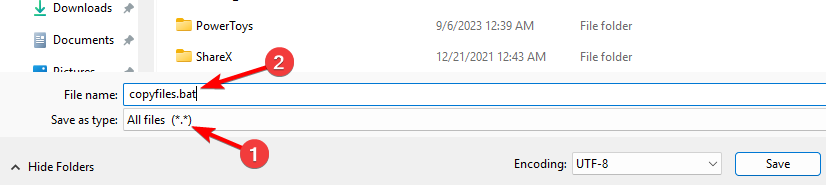 Укажите имя файла copyfiles.bat и сохраните