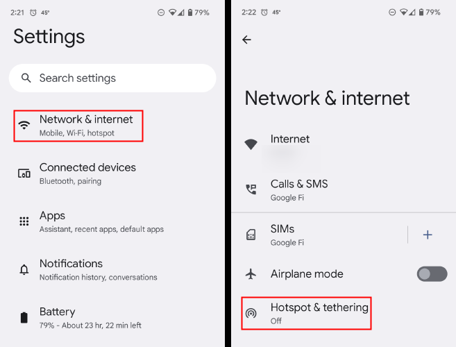 Раздел Настройки: Сеть и интернет — Точка доступа и модем