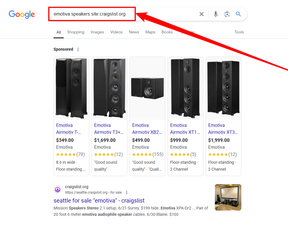 Searching for Emotiva speakers on Craigslist using Google.