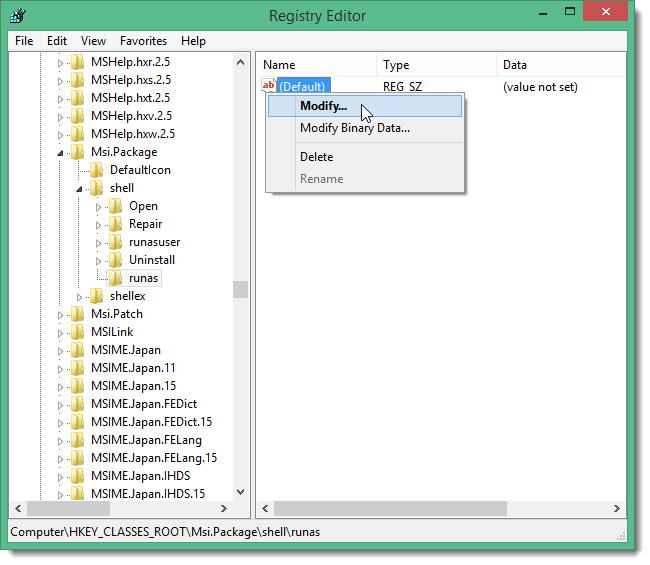 Изменение значения Default для ключа runas