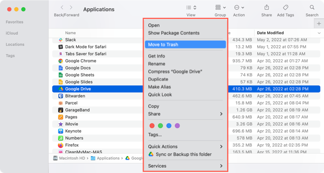 Перемещение Google Drive в корзину на Mac
