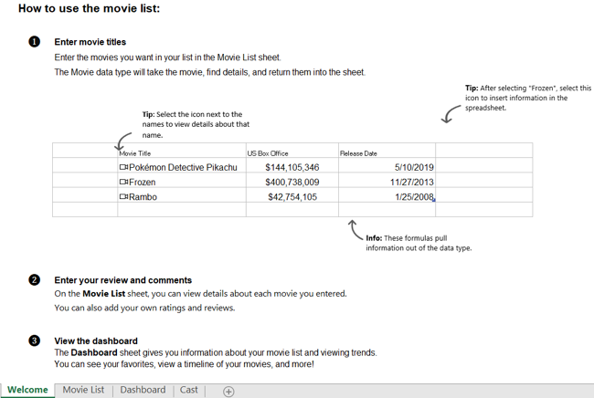 Просмотр вкладки Welcome с инструкцией по шаблону