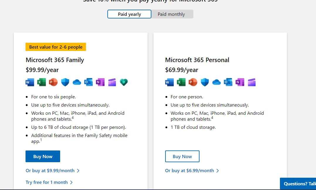 Выбор плана подписки Microsoft 365 с вариантами тарифов