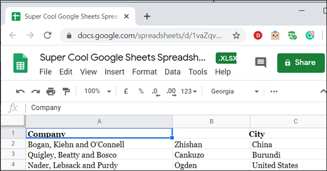 Файл открыт в Google Sheets в новой вкладке браузера.