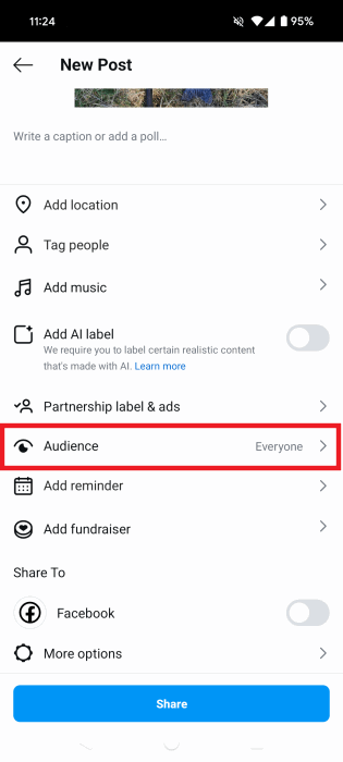 Нажатие на пункт «Аудитория» в экране создания поста
