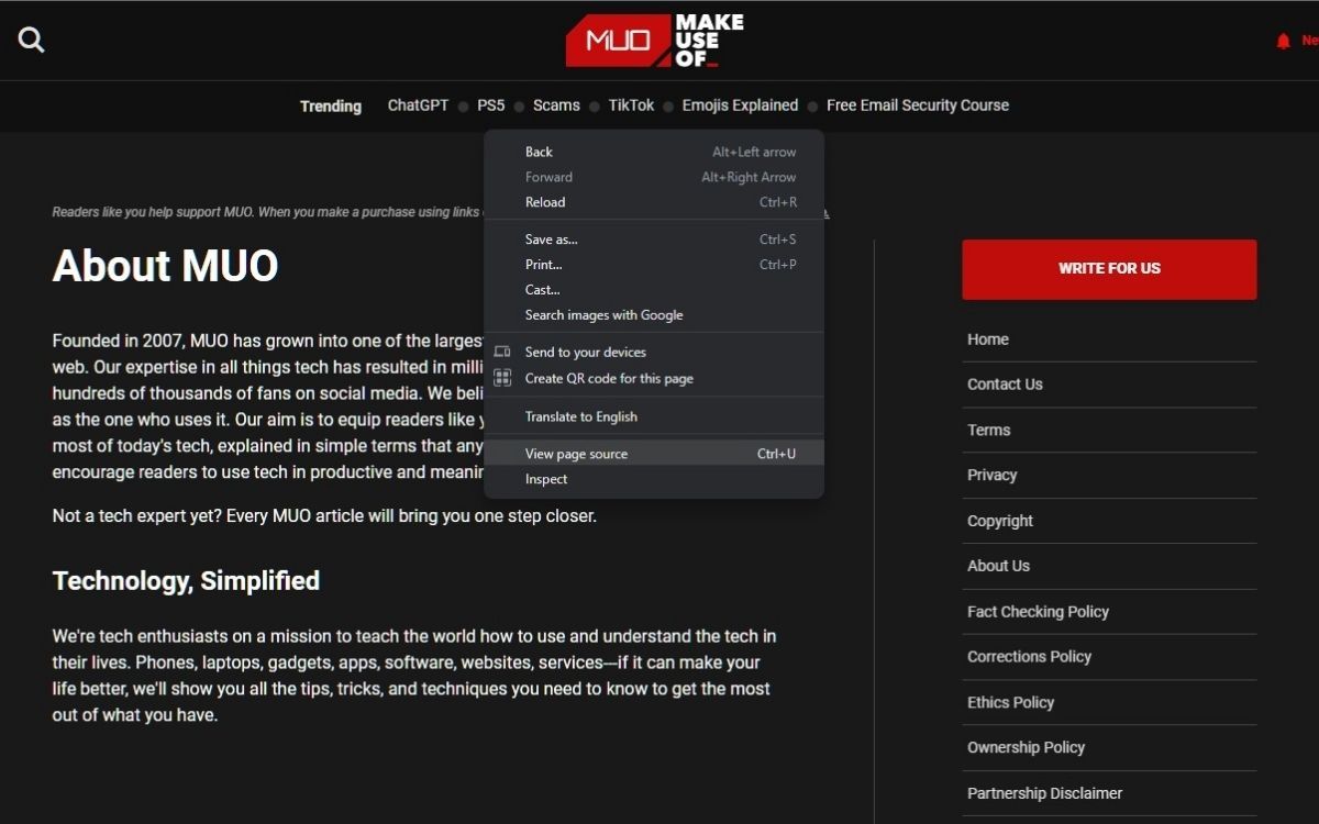 Снимок контекстного меню с пунктом Просмотреть исходный код