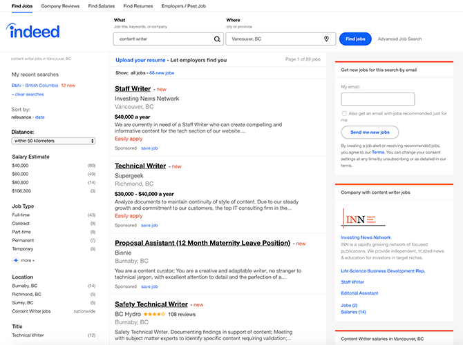 Indeed job search for Content Writer