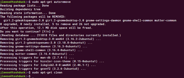 Команды sudo apt-get autoremove и sudo apt-get clean в терминале