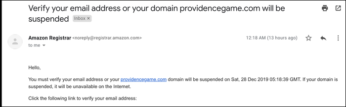 Письмо с просьбой подтвердить электронную почту для завершения переноса домена
