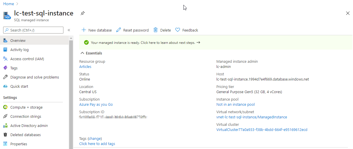 Перейдите по ссылке конфигурации Managed Instance — виртуальная сеть и подсеть.