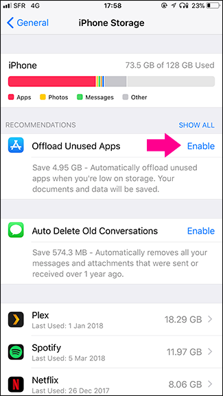 Включение автоматической выгрузки неиспользуемых приложений