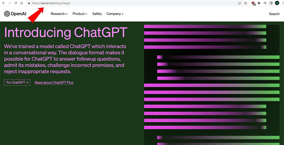 Скриншот официальной страницы ChatGPT на сайте OpenAI с красной стрелкой, указывающей адрес в строке браузера