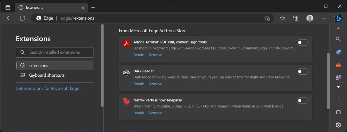 Страница управления расширениями в Edge