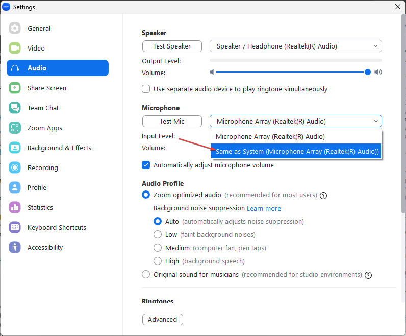 Параметры звука Zoom — выбор микрофона
